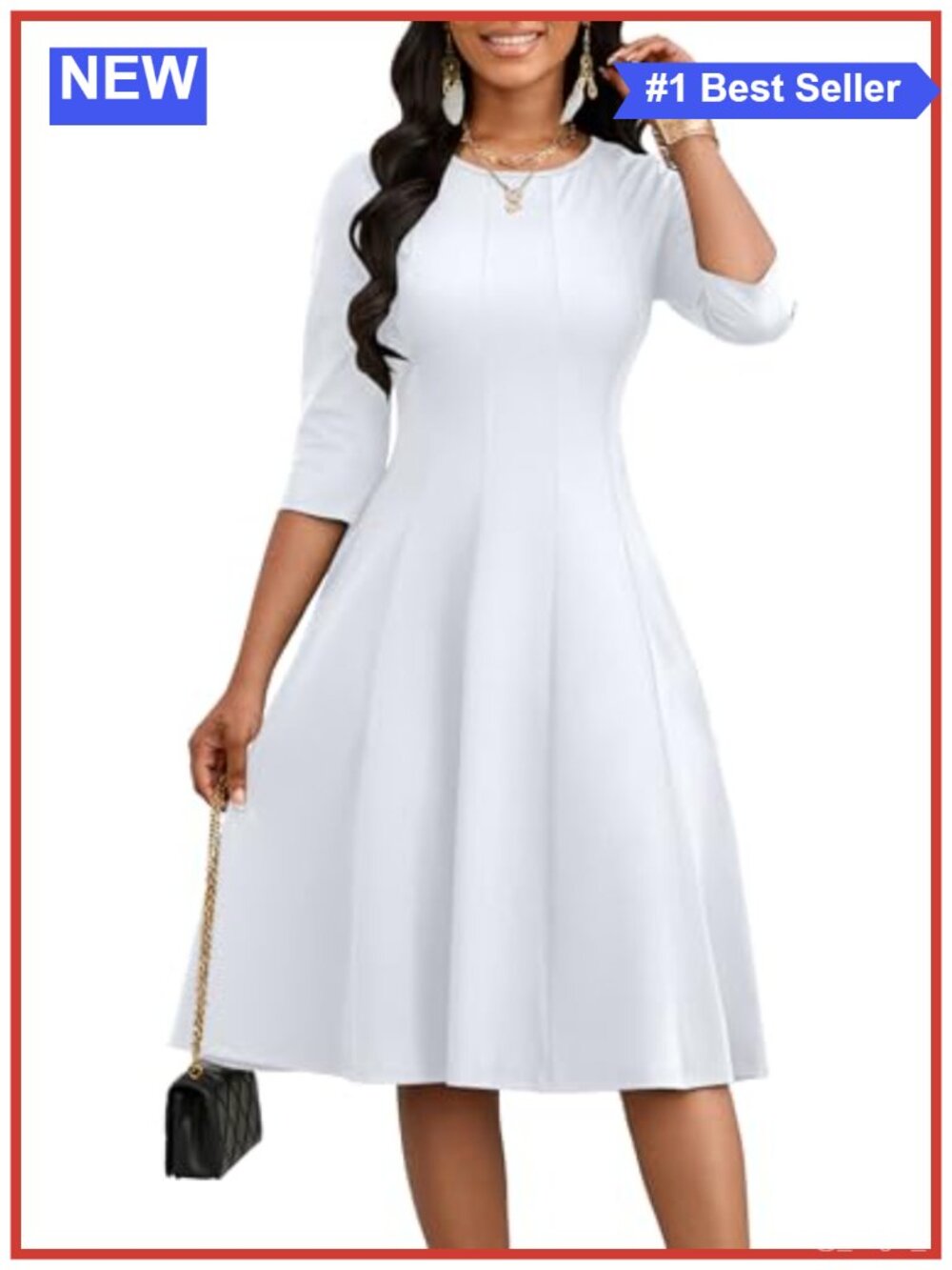 CLOCOR Midi Dress 3/4 Sleeve Crew Neck A-Line with Pockets Casual Church